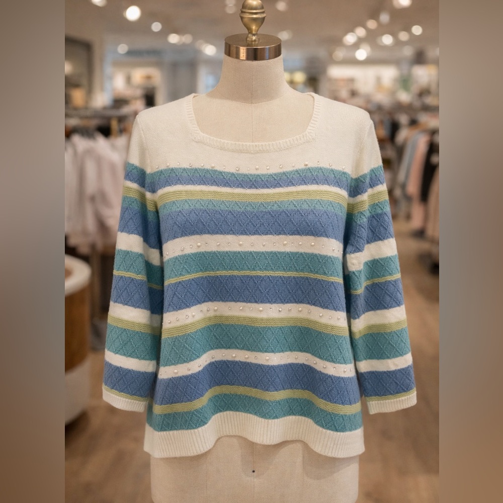 Alfred Dunner Women's Multicolor Striped Sweater with gem accent detail on front